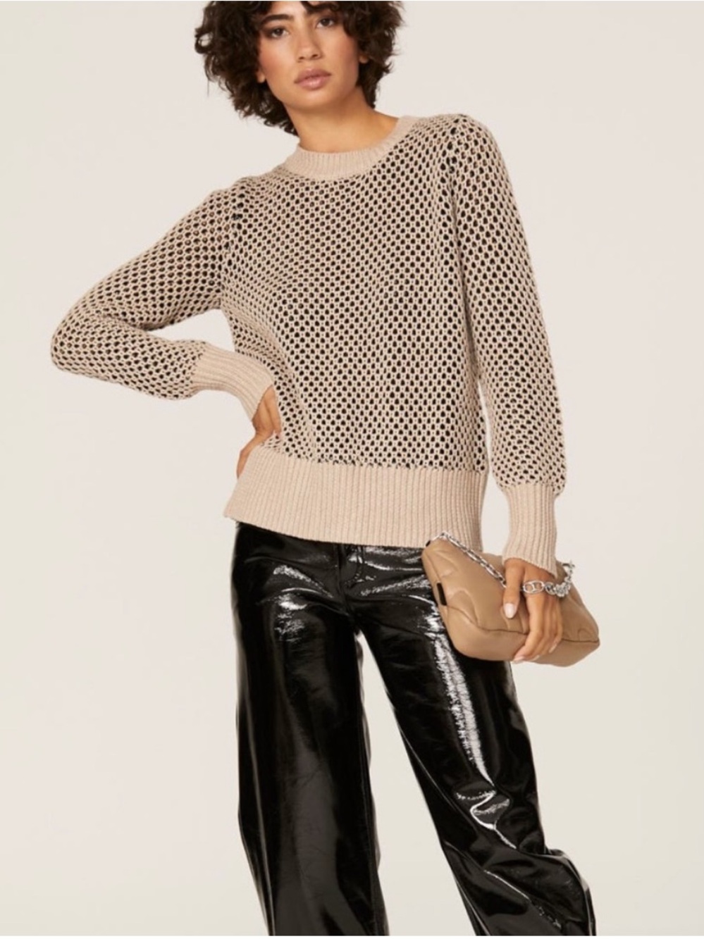 THAKOON X RENT THE RUNWAY Mixed Honeycomb Sweater Back Zipper Beige & Black Knit